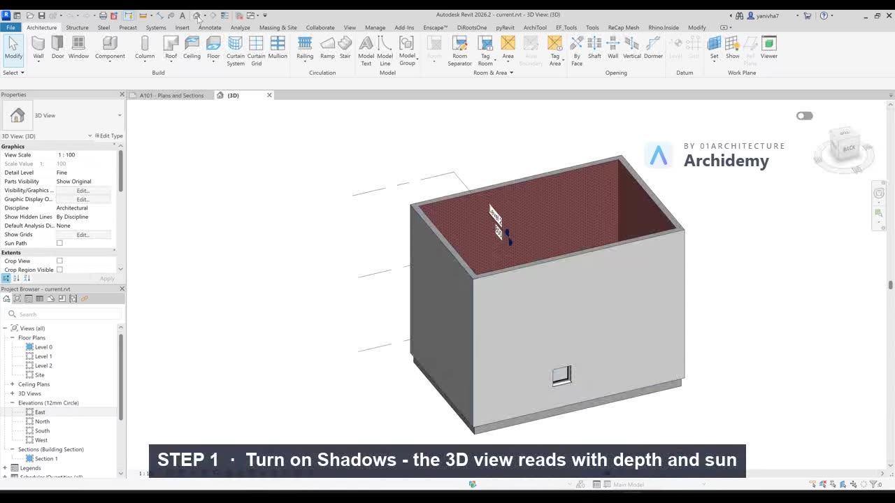 Shadows on — the 3D view gains depth and a sun direction