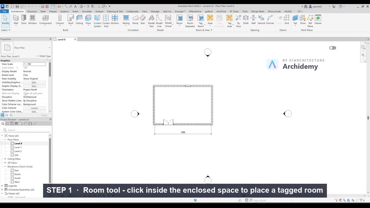 Room tool — click inside a space, get a named, measured room