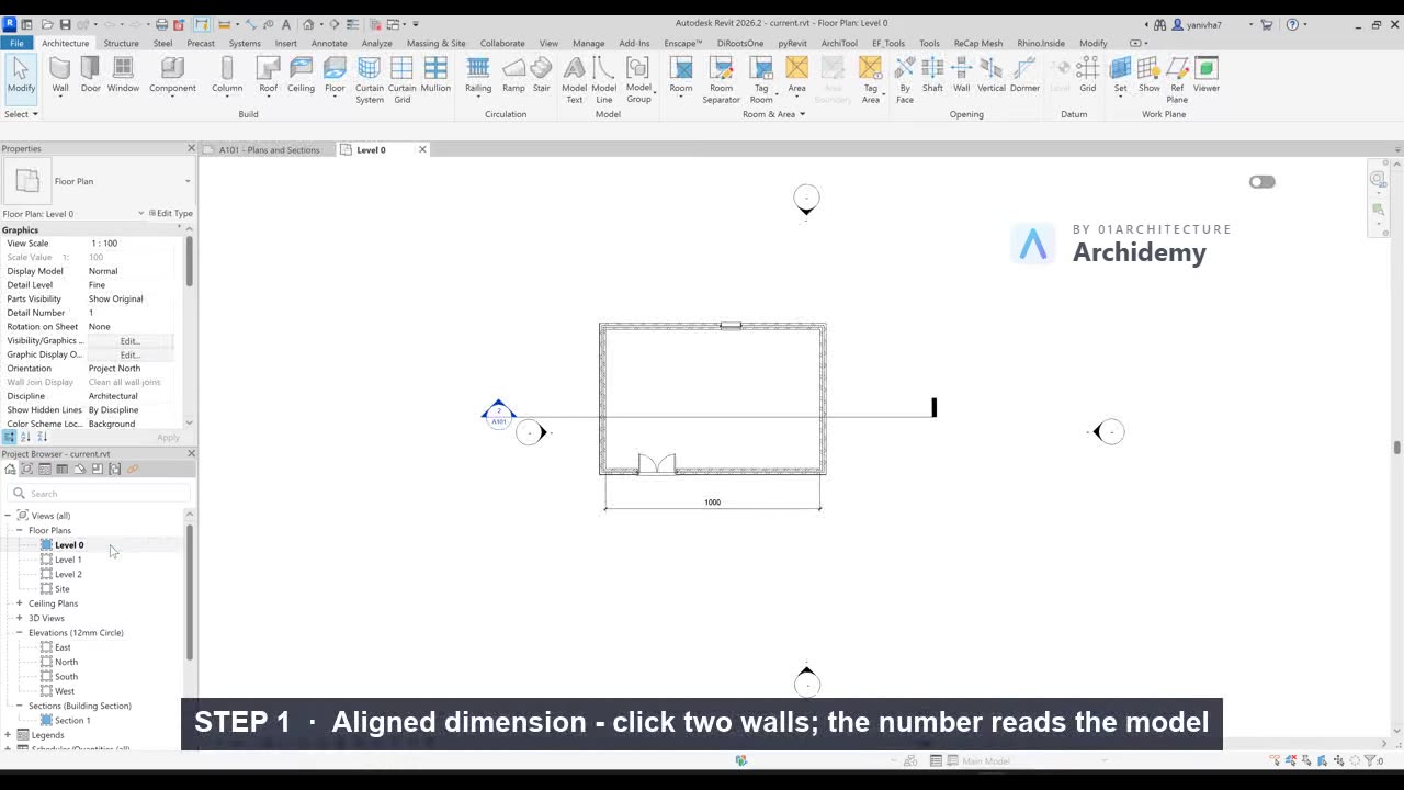 Aligned dimension — click two walls and the number reads the model