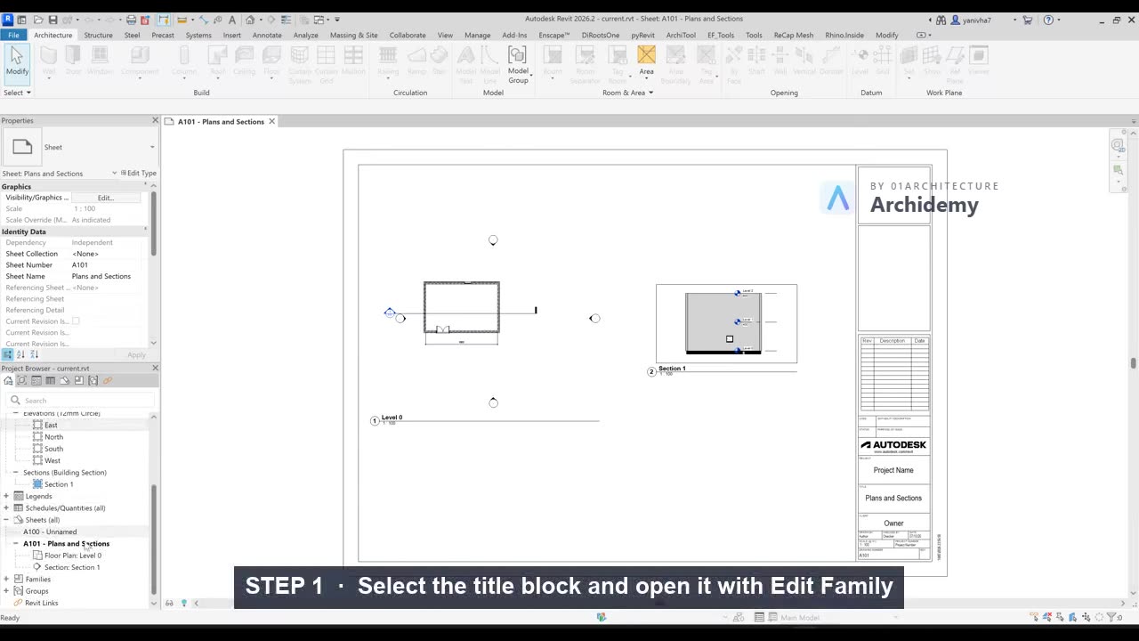 Edit the title block as a family, load it back — updates every sheet